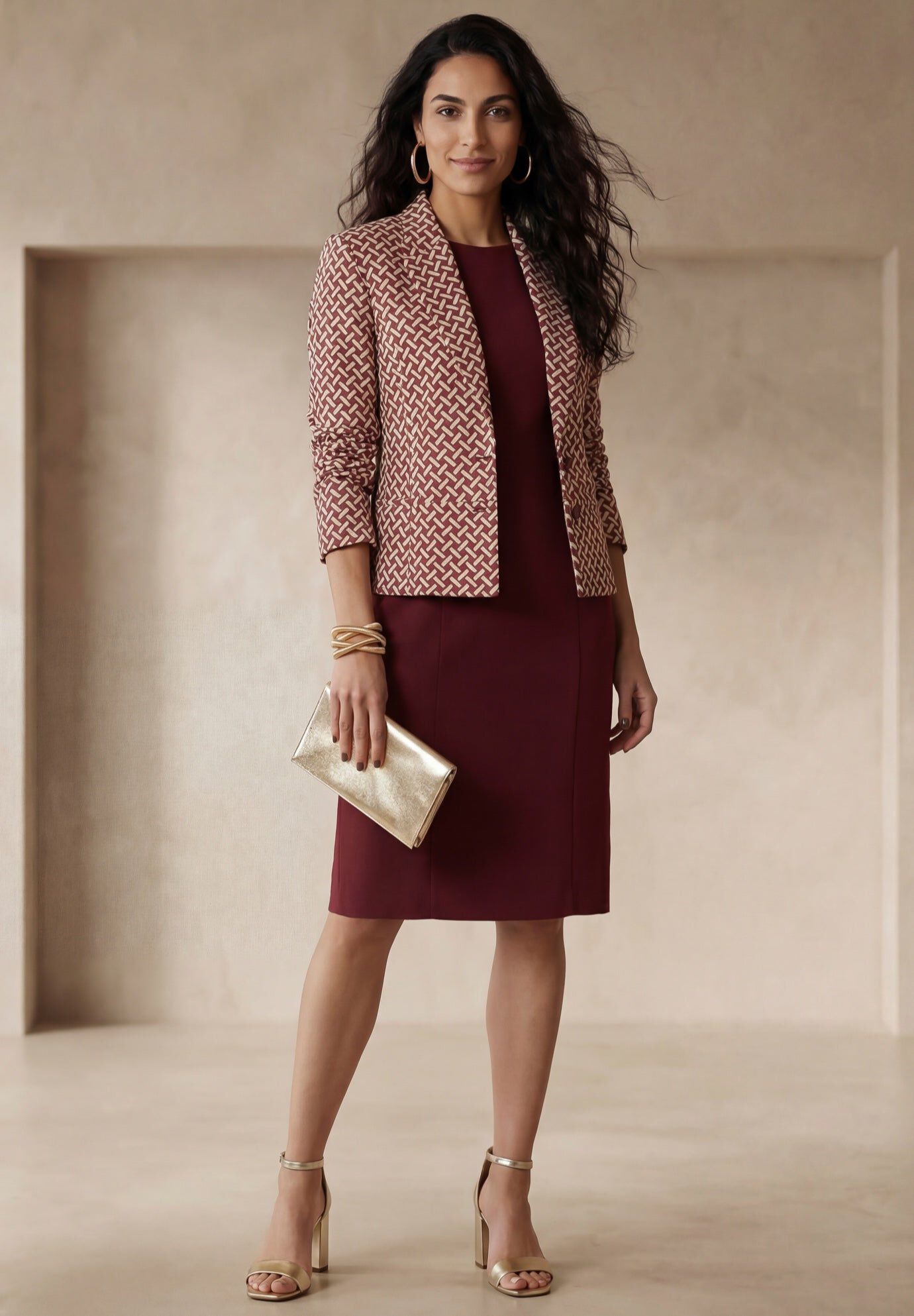 Stretch Crepe Single-Breasted Jacket Dress, RICH BURGUNDY ABSTRACT, hi-res image number 0