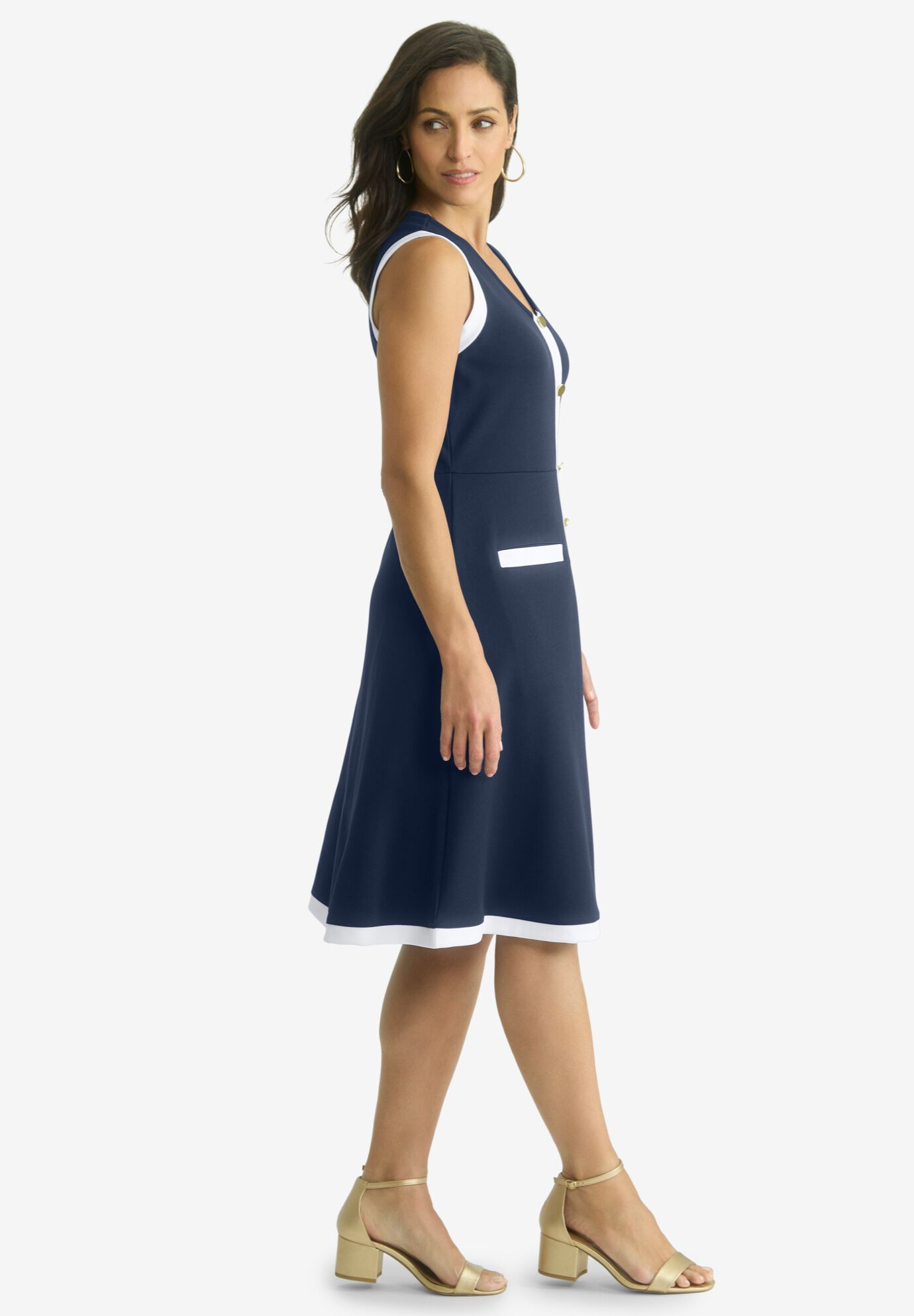 Sleeveless Crepe Dress, WHITE NAVY, alternate image number 2