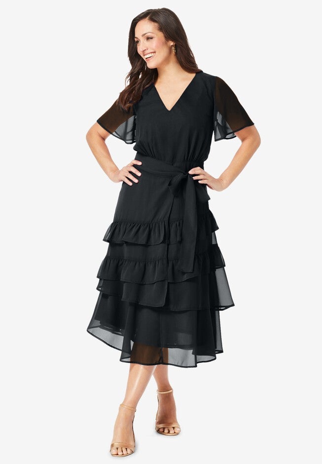 V-Neck Tiered Dress, BLACK, hi-res image number null