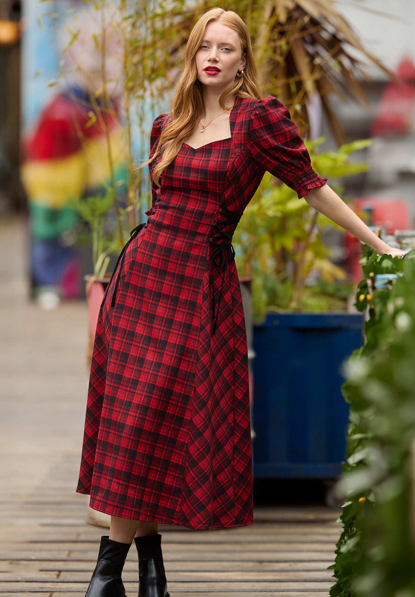 Tartan Plaid Lace-Up Midi Dress, RED TARTAN, hi-res image number 0