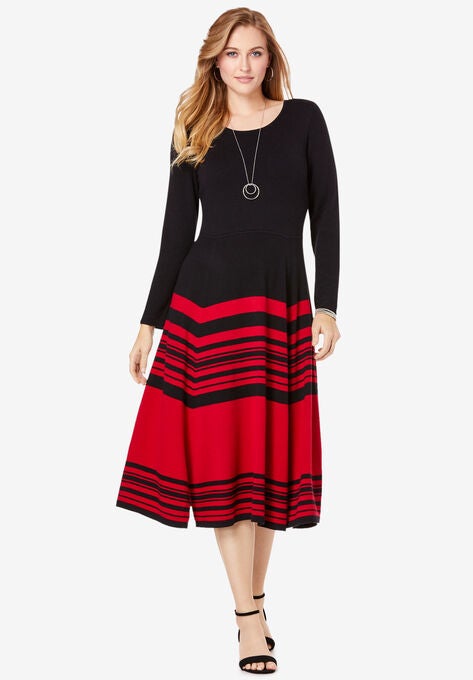 Fit and Flare Sweater Dress, BLACK CLASSIC RED, hi-res image number null