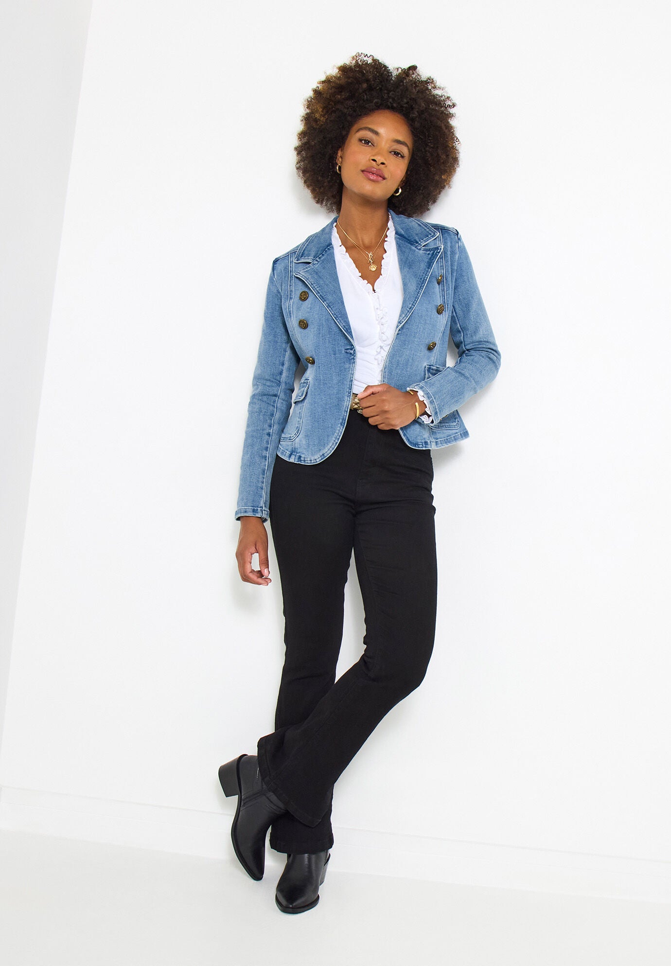Double Breasted Denim Blazer, LIGHT BLUE, alternate image number 3