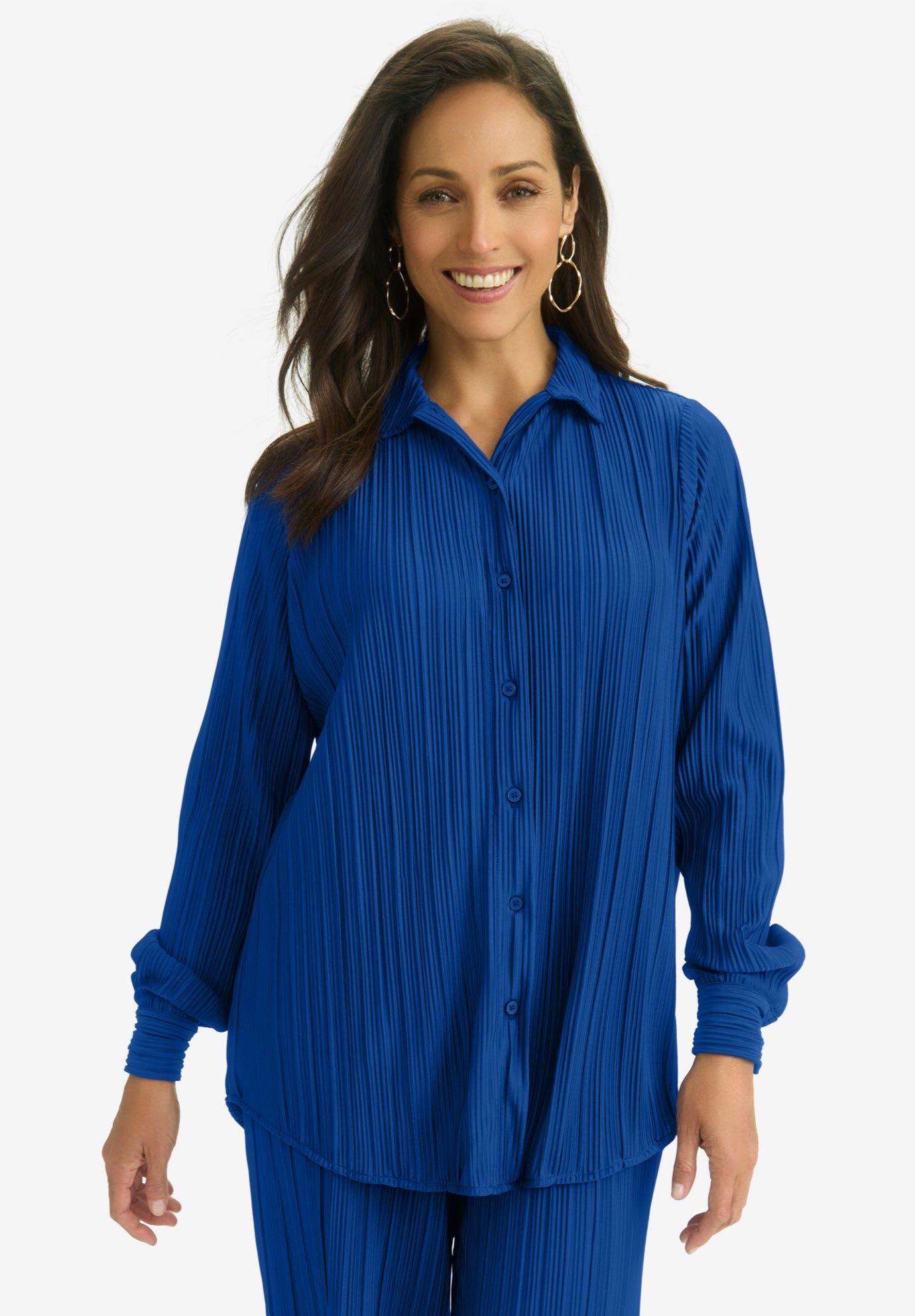 Plisse Button-Front Blouse