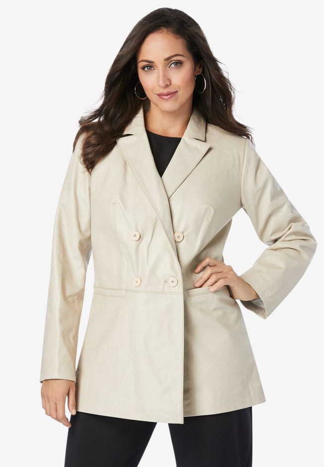 Double Breasted Leather Blazer, OATMEAL, hi-res image number null