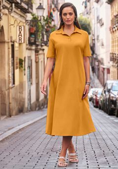 Stretch Cotton Notch Neck Midi Dress