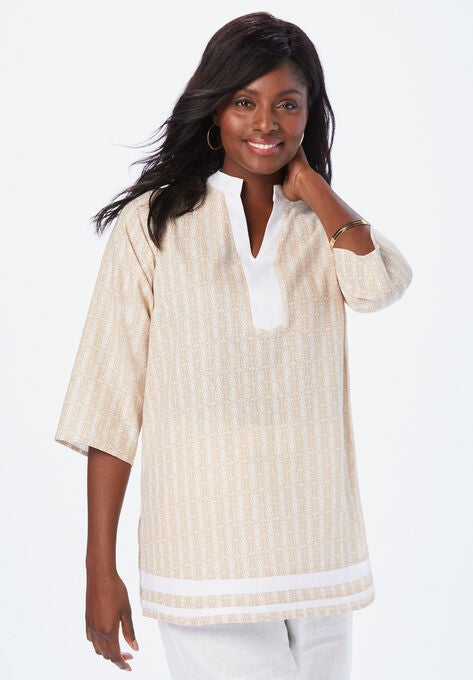 Notch Neck Linen Tunic, NEW KHAKI TILE, hi-res image number null