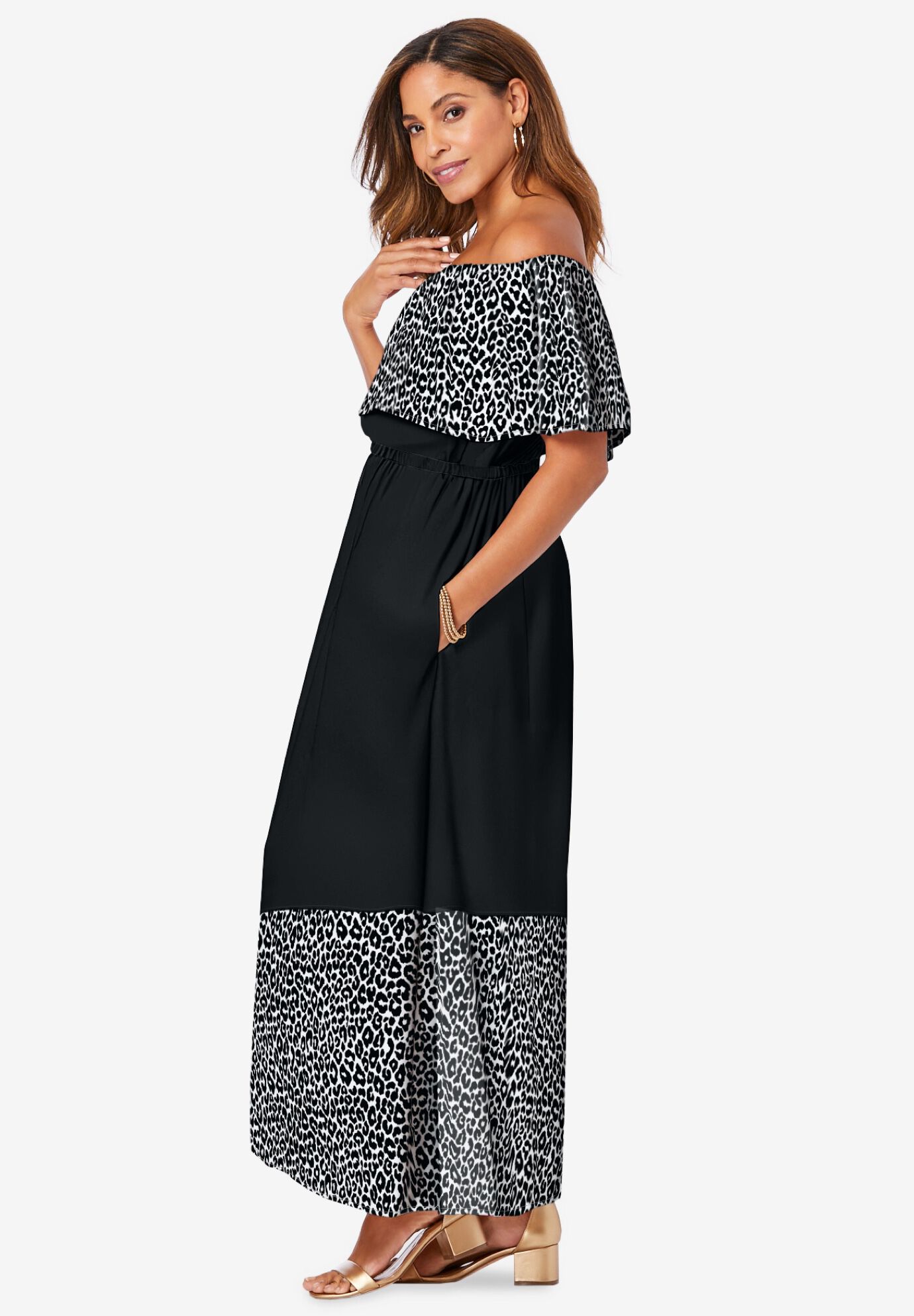Off-The-Shoulder Maxi Dress, BLACK WHITE CHEETAH, alternate image number 2