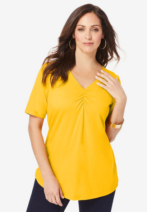 Shirred V-Neck Tee, SUNSET YELLOW, hi-res image number null