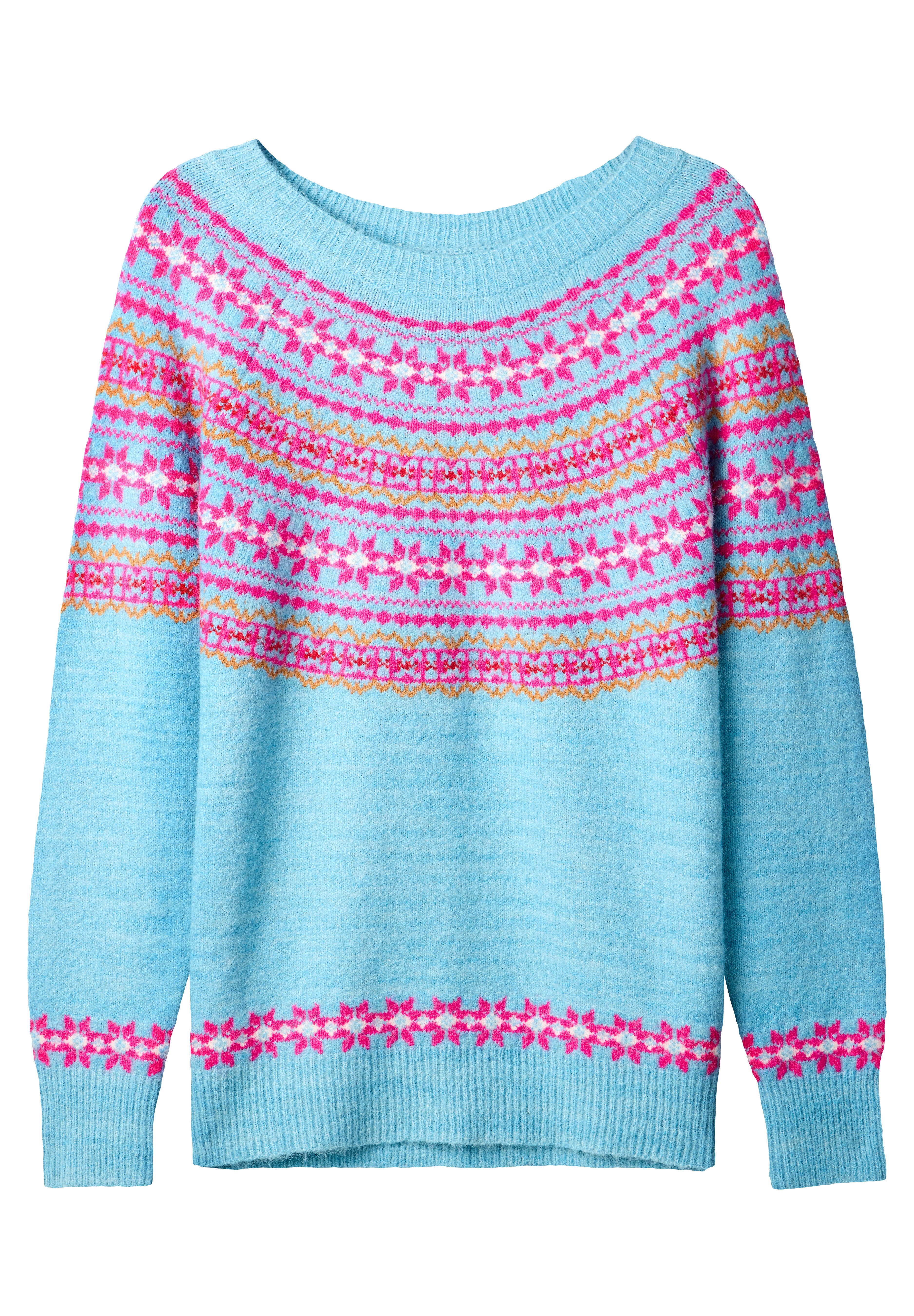 Fair Isle Rib Trim Crewneck Pullover, BLUE FAIRISLE, alternate image number 4