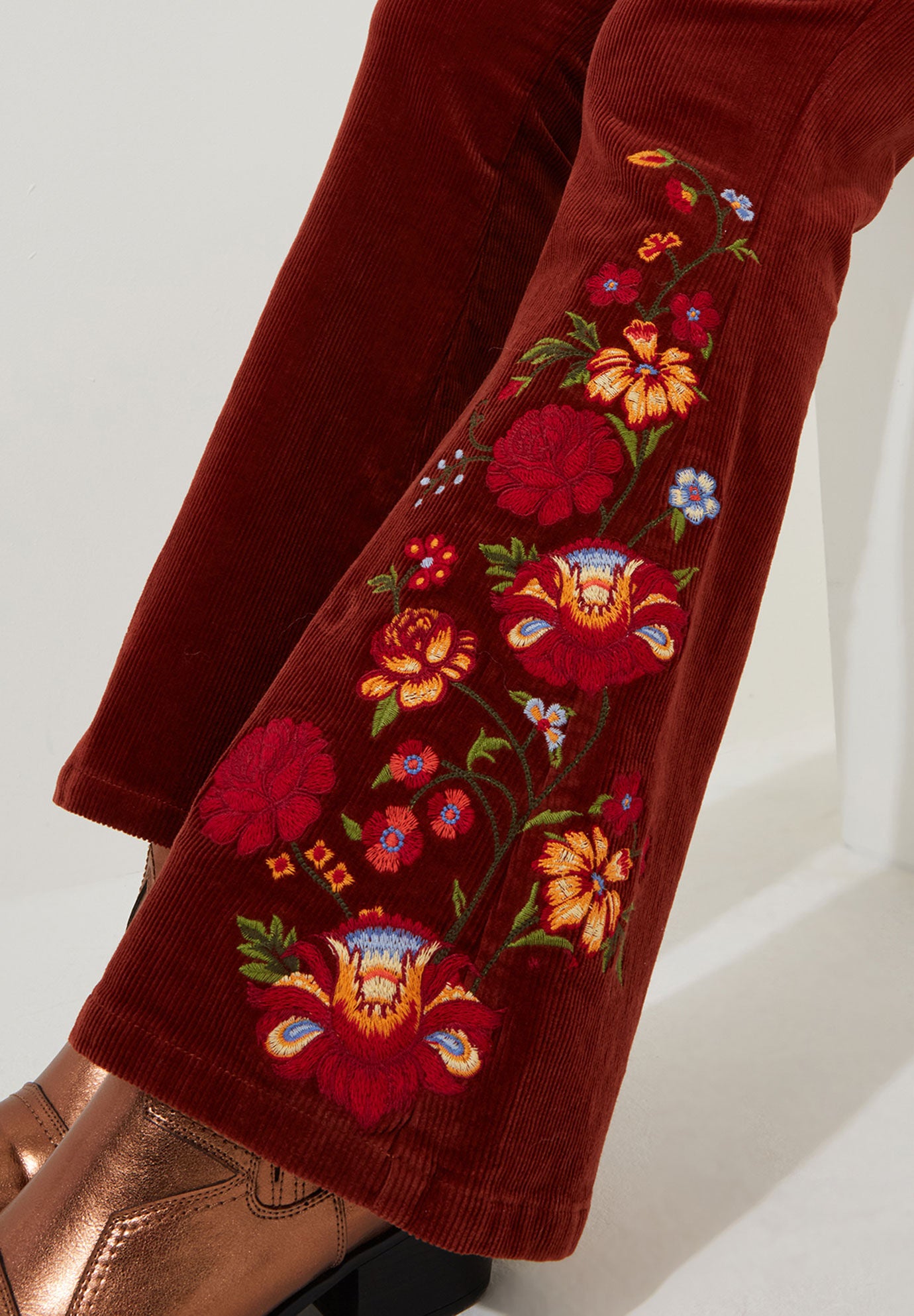 Embroidered Corduroy Flare Trouser, RUST, alternate image number 3
