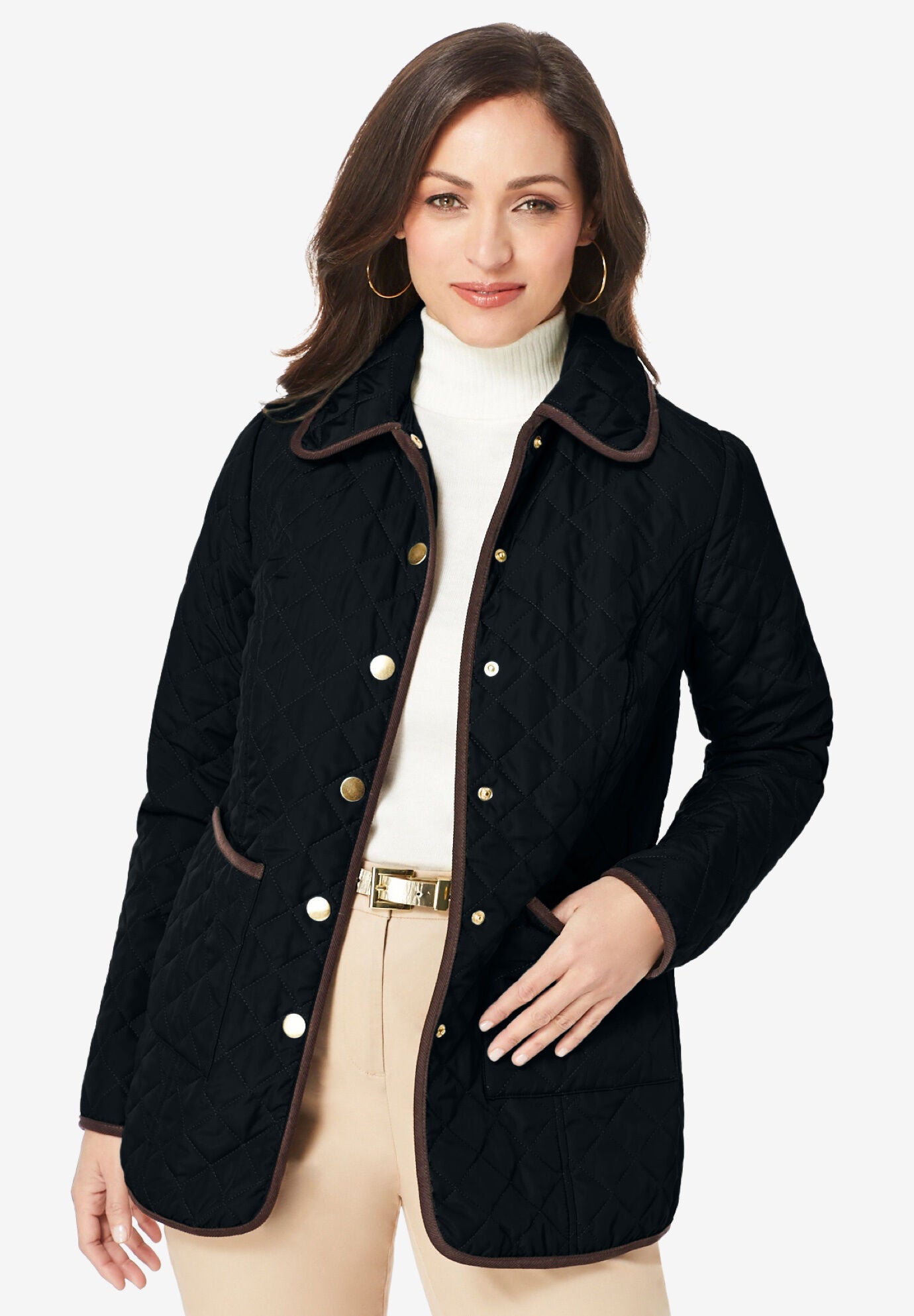 Snap Front Quilted Coat for Winter Black