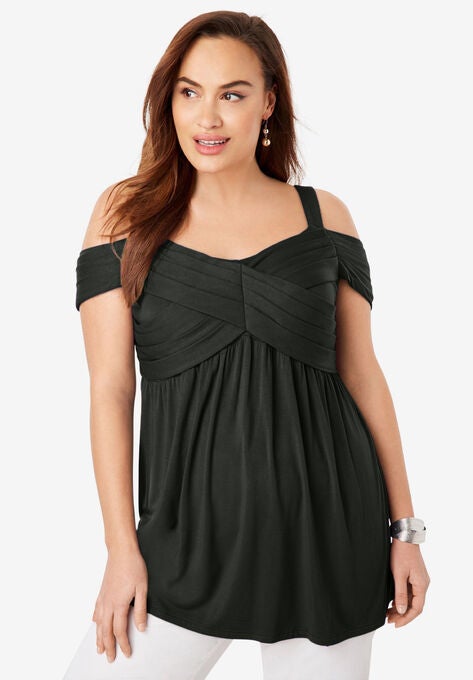 Cold Shoulder Pleat Tunic, BLACK, hi-res image number null