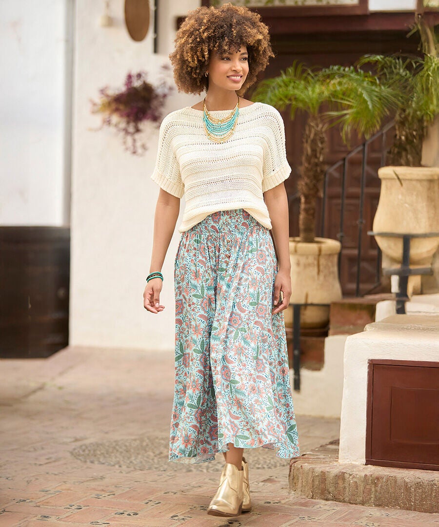 Slit Smocked Maxi Skirt, AQUA DITSY FLORAL, hi-res image number 0