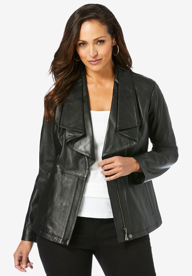Drape-Front Leather Jacket, BLACK, hi-res image number 0