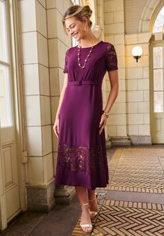 Lace Inset Fit-and-Flare Dress with Self Belt