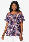 Cold Shoulder Ruffle Tunic, BLACK MULTI FOLK IKAT, hi-res image number null