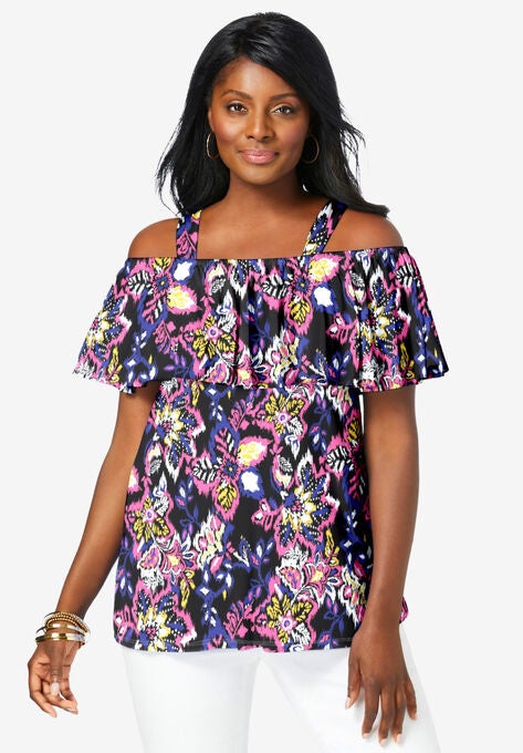 Cold Shoulder Ruffle Tunic, BLACK MULTI FOLK IKAT, hi-res image number null