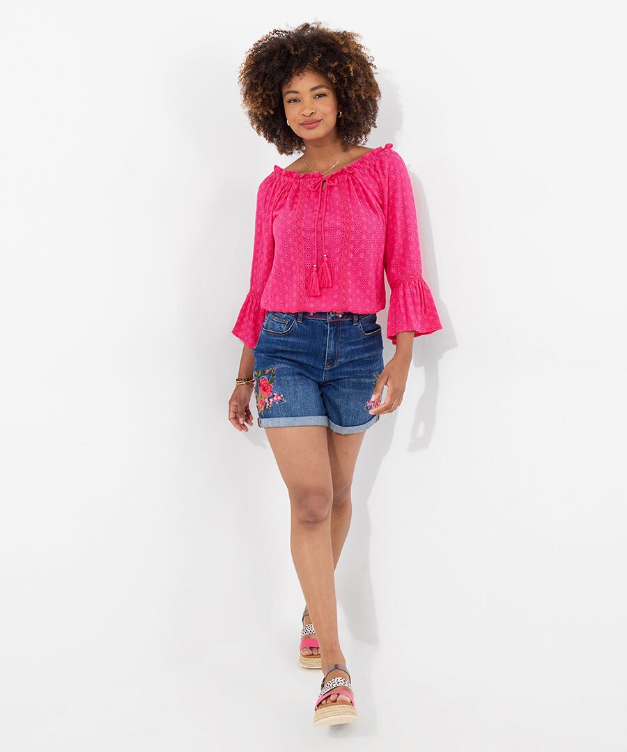 Bell Sleeve Eyelet Blouse, FUSCHIA, alternate image number 4