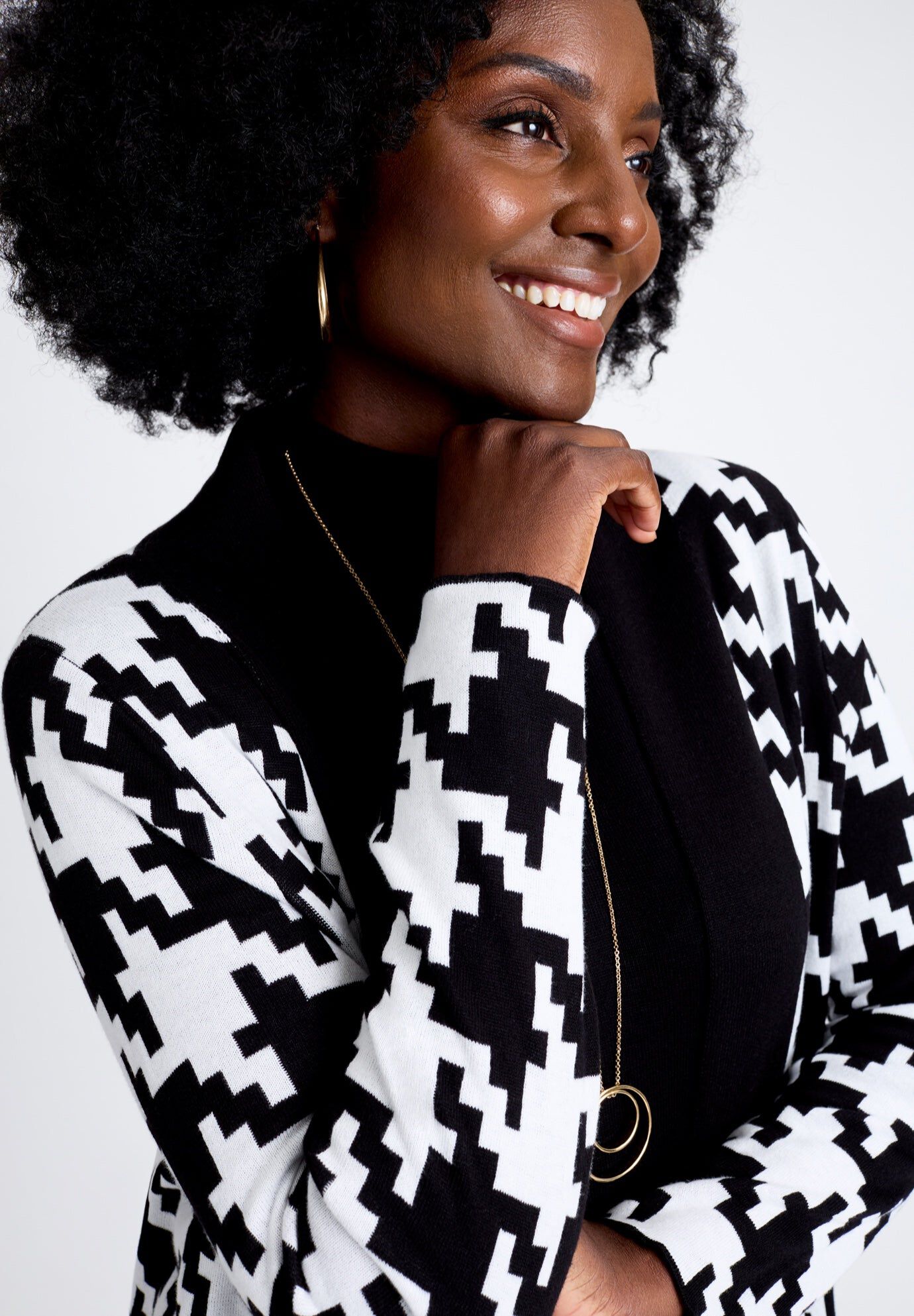 Fine Gauge Cardigan Topper, BLACK WHITE LARGE HOUNDSTOOTH, hi-res image number 0