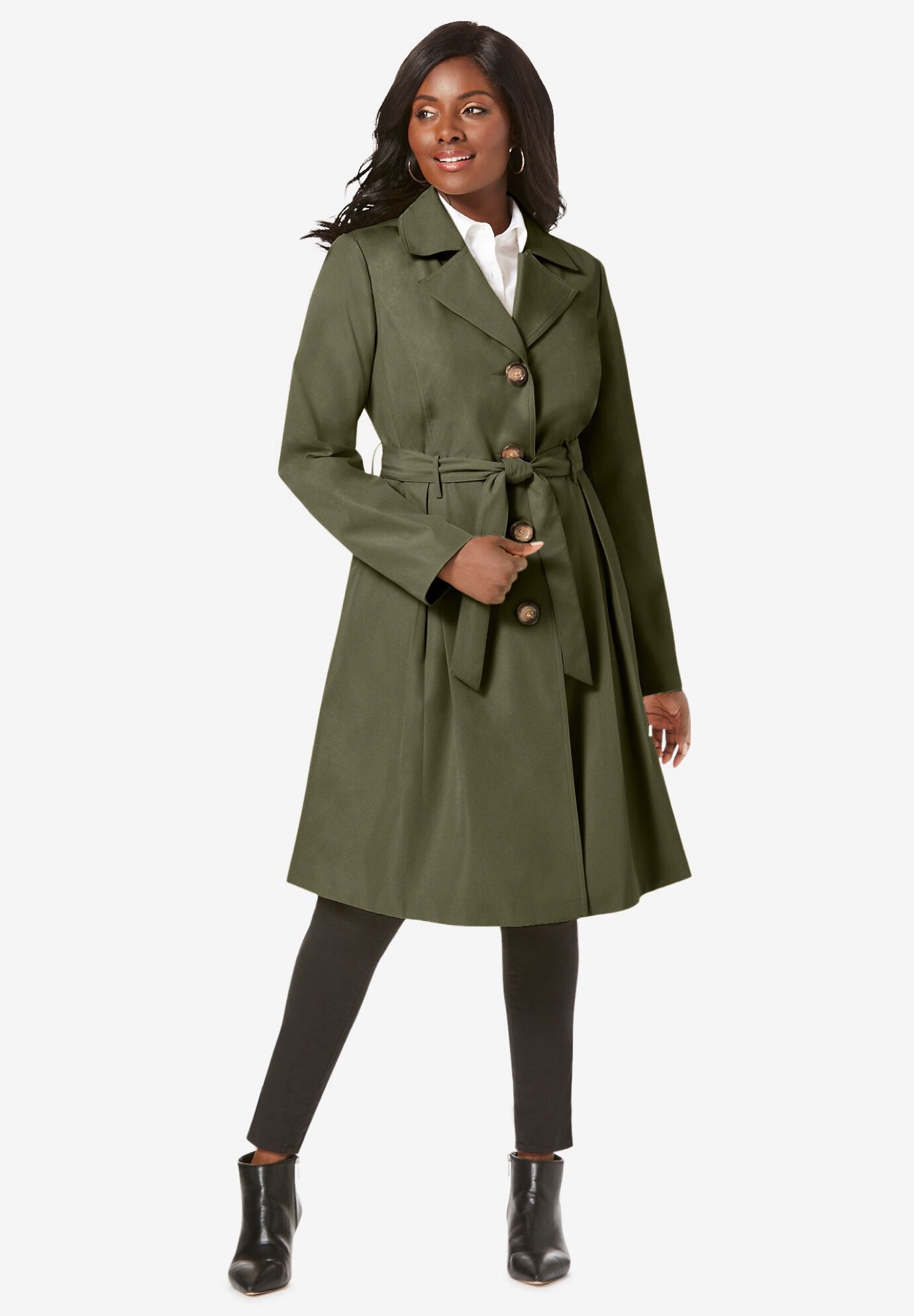 Pleated Trench Coat with Tie Waist 42 Length Dark Olive Green