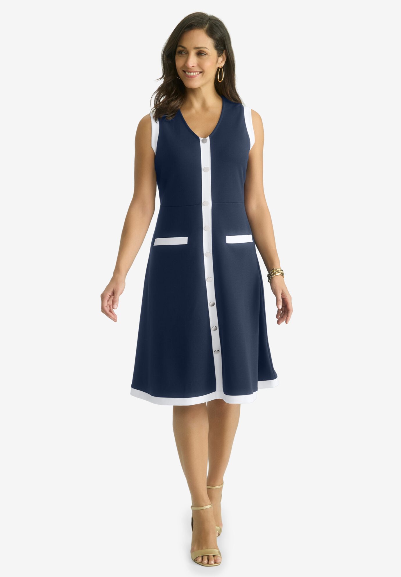 Sleeveless Crepe Dress, WHITE NAVY, hi-res image number 0