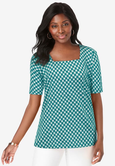 Square Neck Tee, TROPICAL TEAL BIAS MINI GINGHAM, hi-res image number null