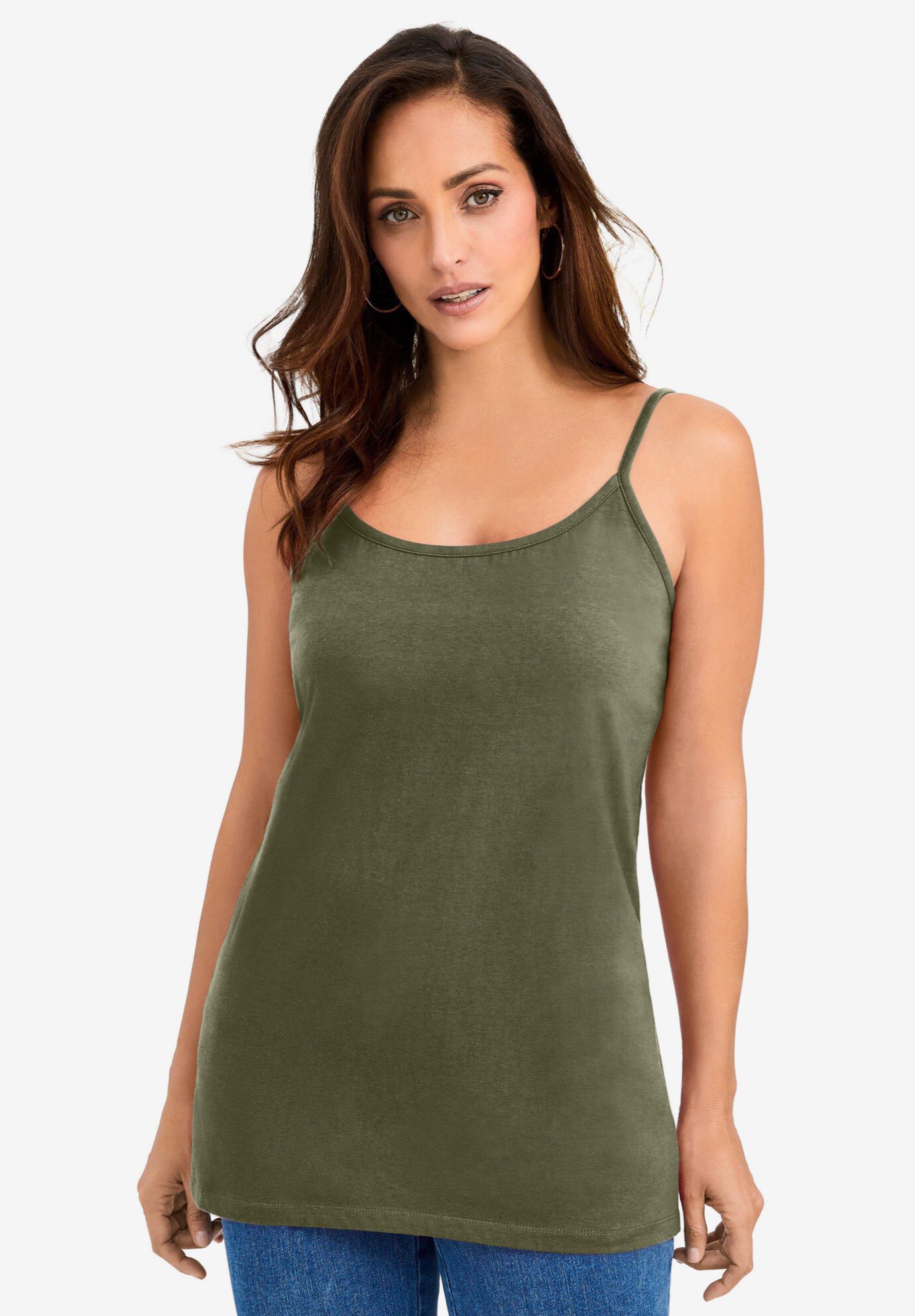 Stretch Cotton Cami, DARK OLIVE GREEN, hi-res image number 0
