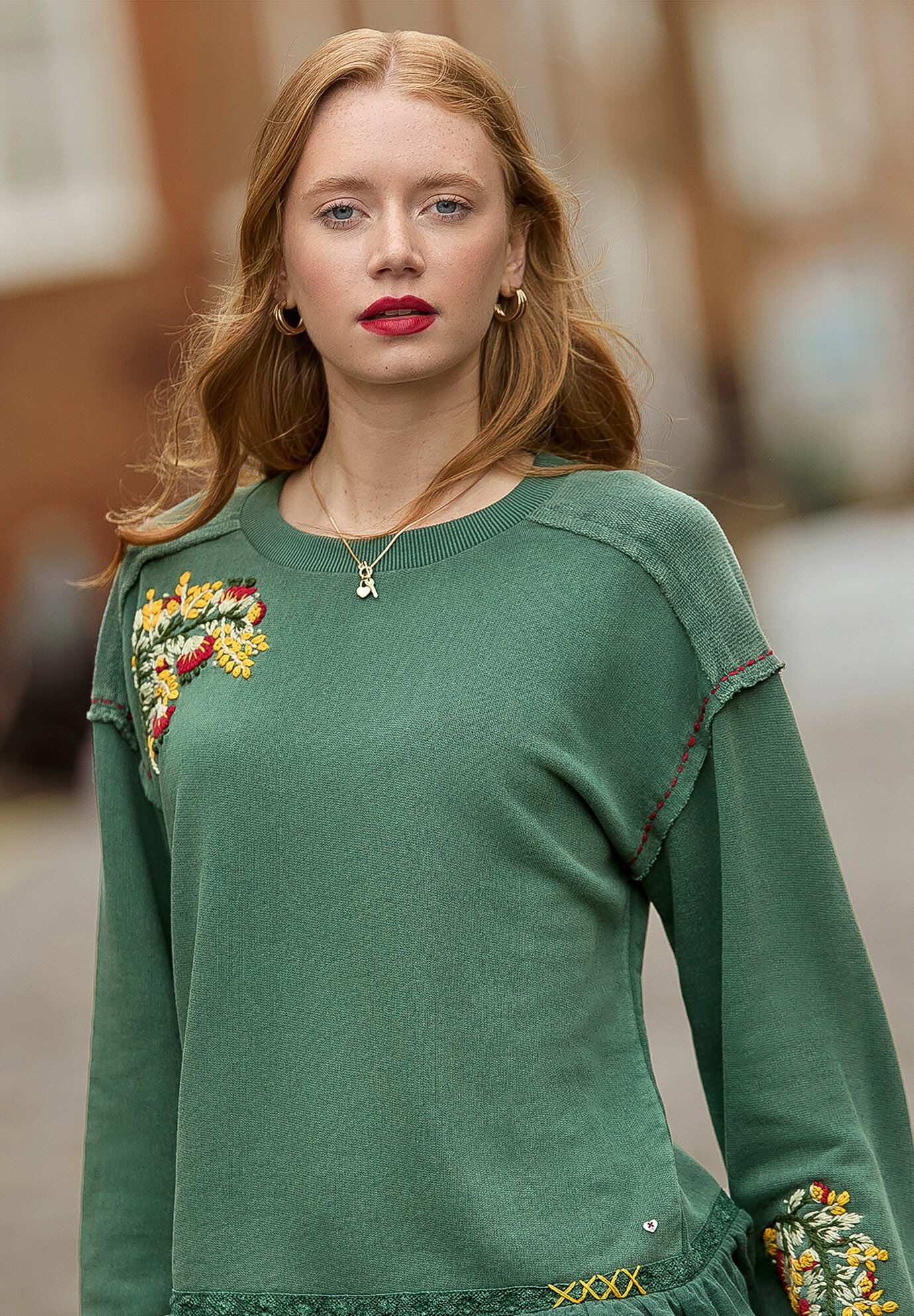 Peplum Sweatshirt, GREEN GARDEN EMBROIDERY, hi-res image number 0