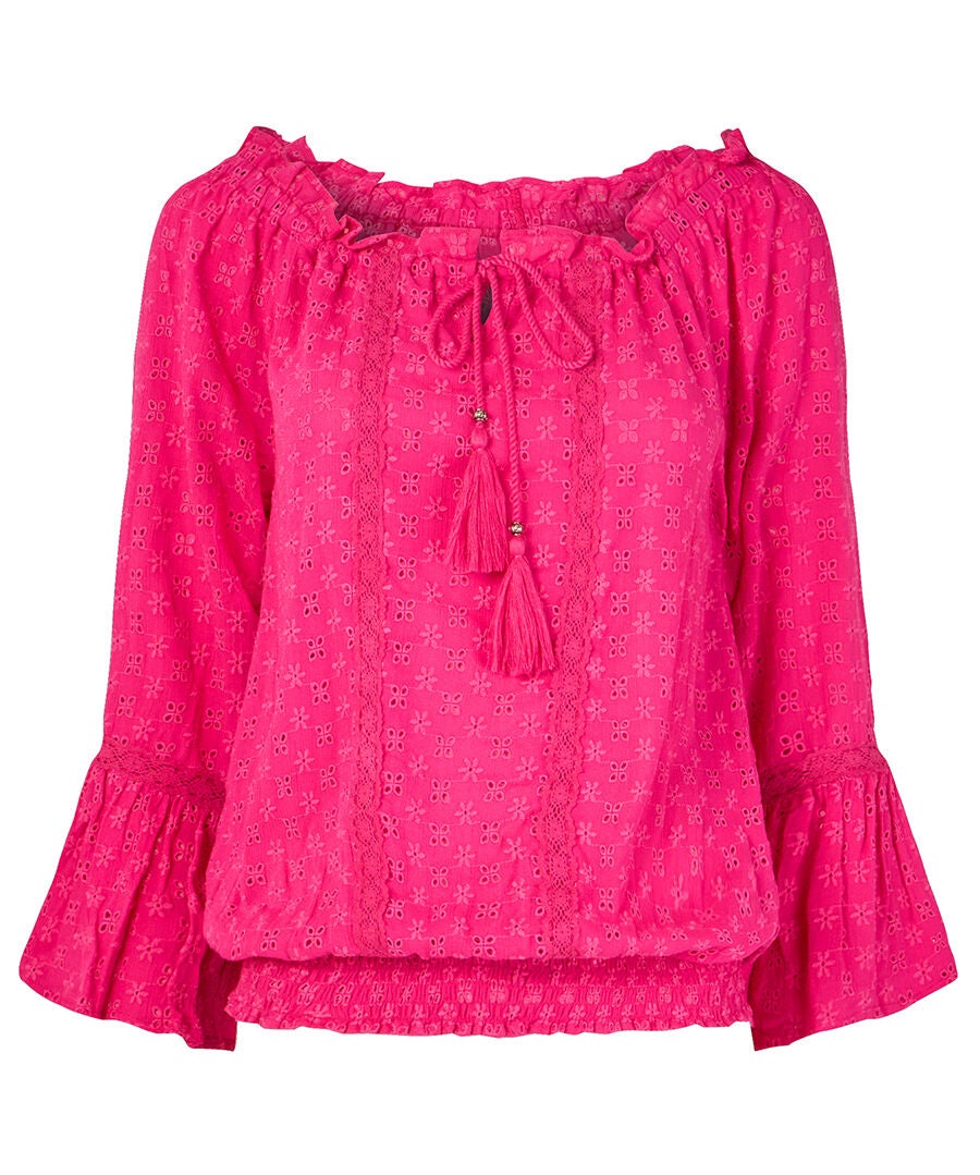Bell Sleeve Eyelet Blouse, FUSCHIA, alternate image number 3