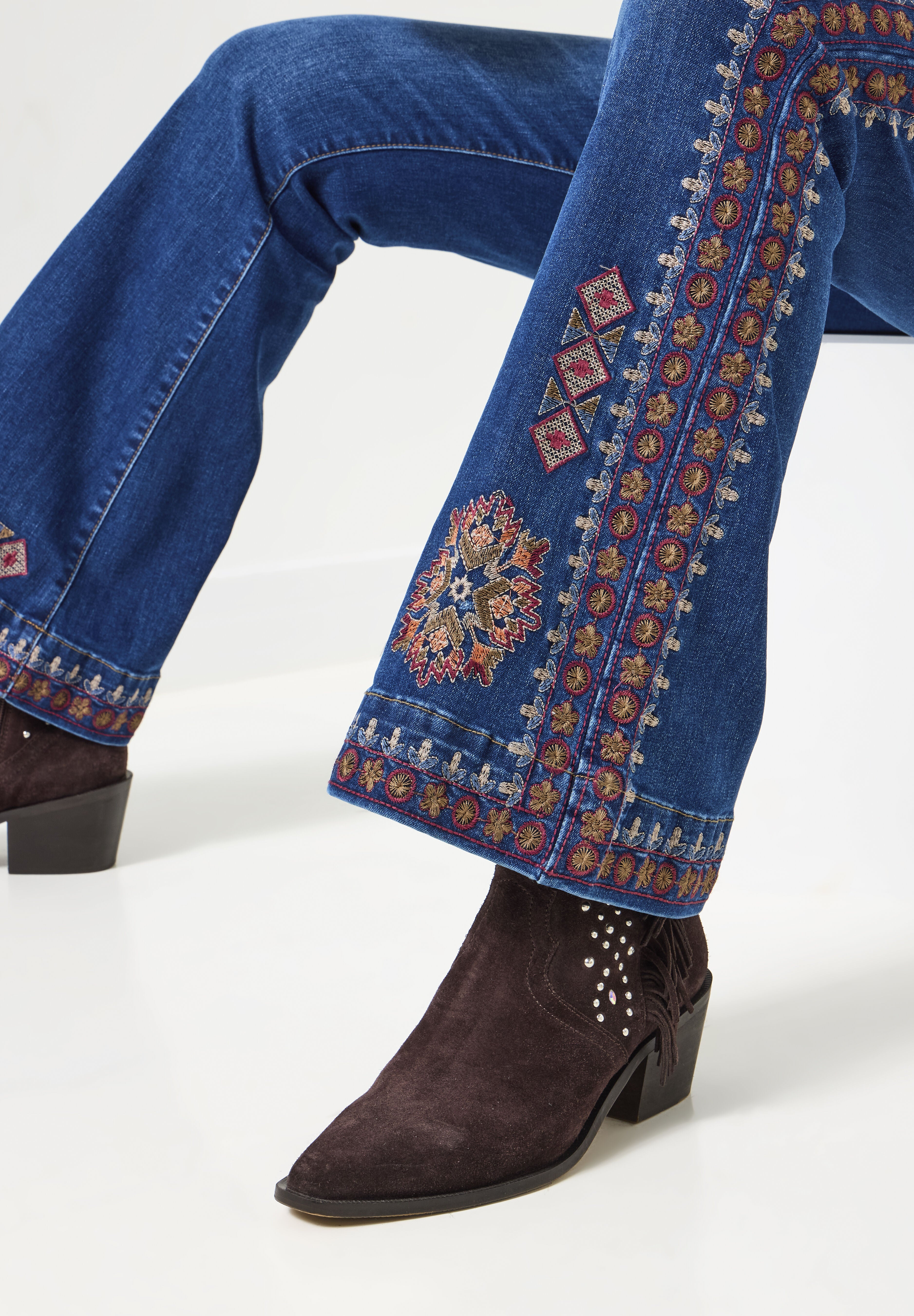 Embroidered Flare Jeans, DARK BLUE AZTEC, on-hover image number 1