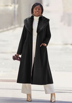 Long Wool-Blend Coat with Faux Fur Collar