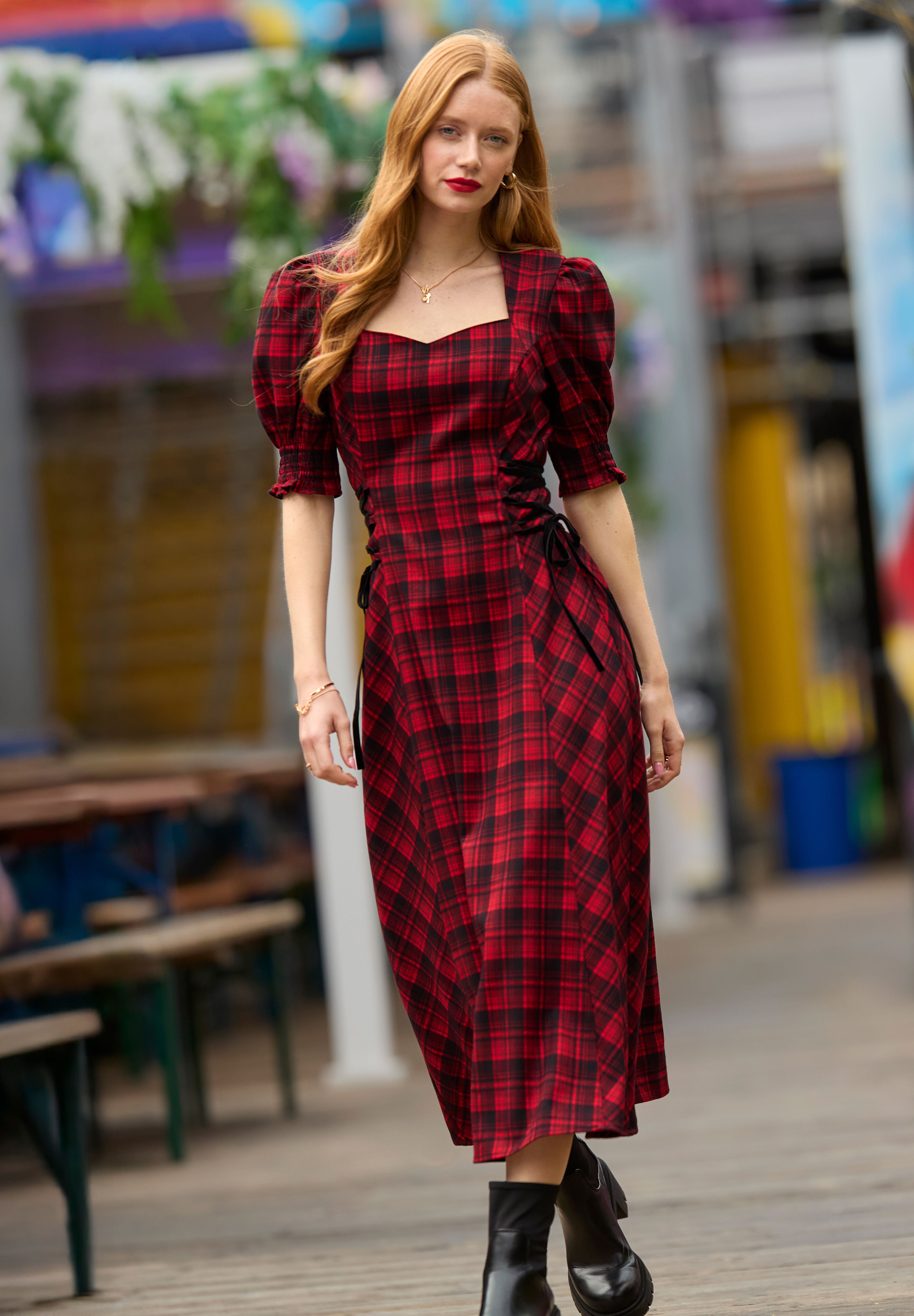 Tartan Plaid Lace-Up Midi Dress, RED TARTAN, alternate image number 6