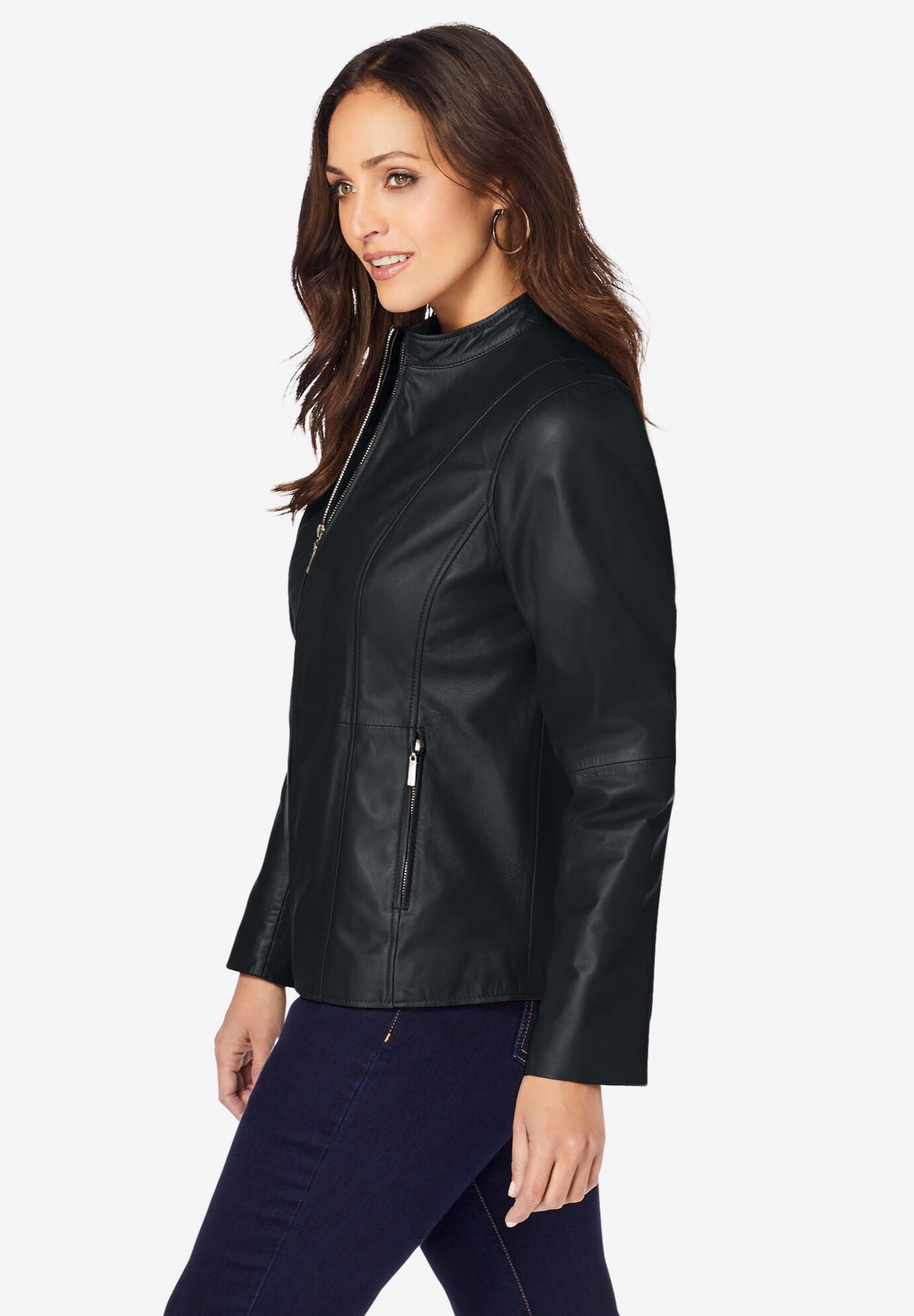Leather Jacket with Zip Front and Pockets Black Catherines