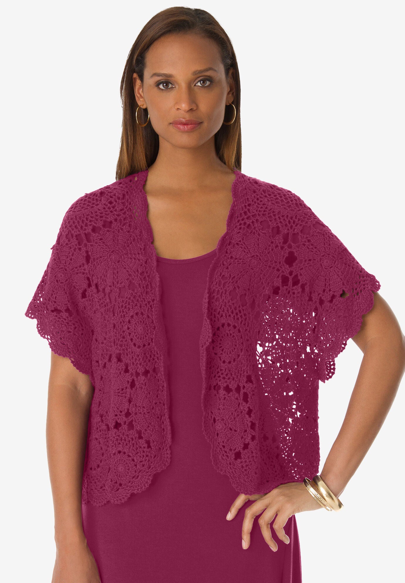 Crochet Shrug with Scalloped Edge 22 Length Berry Twist Catherines