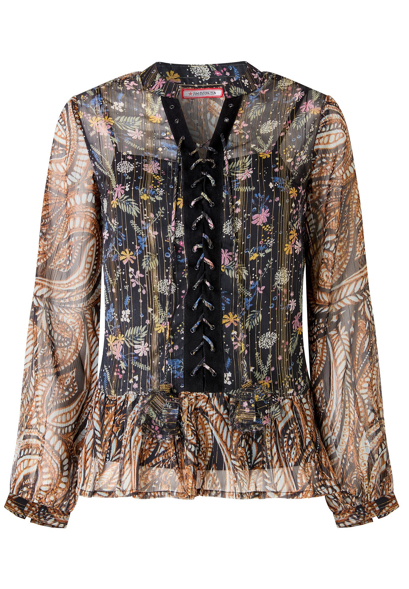 Sheer Metallic Lace-Up Blouse, METALLIC PAISLEY, alternate image number 3