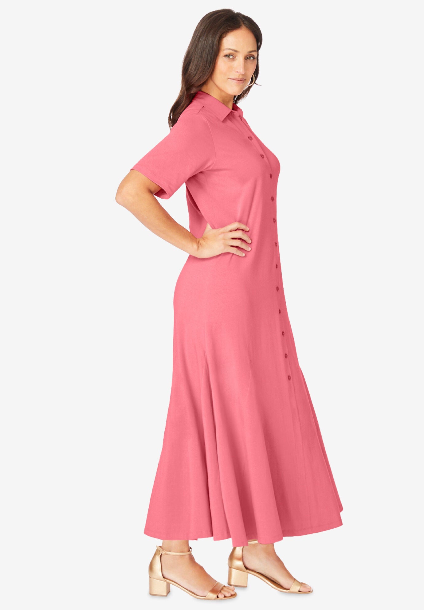 Stretch Cotton Button Front Maxi Dress, , alternate image number 3