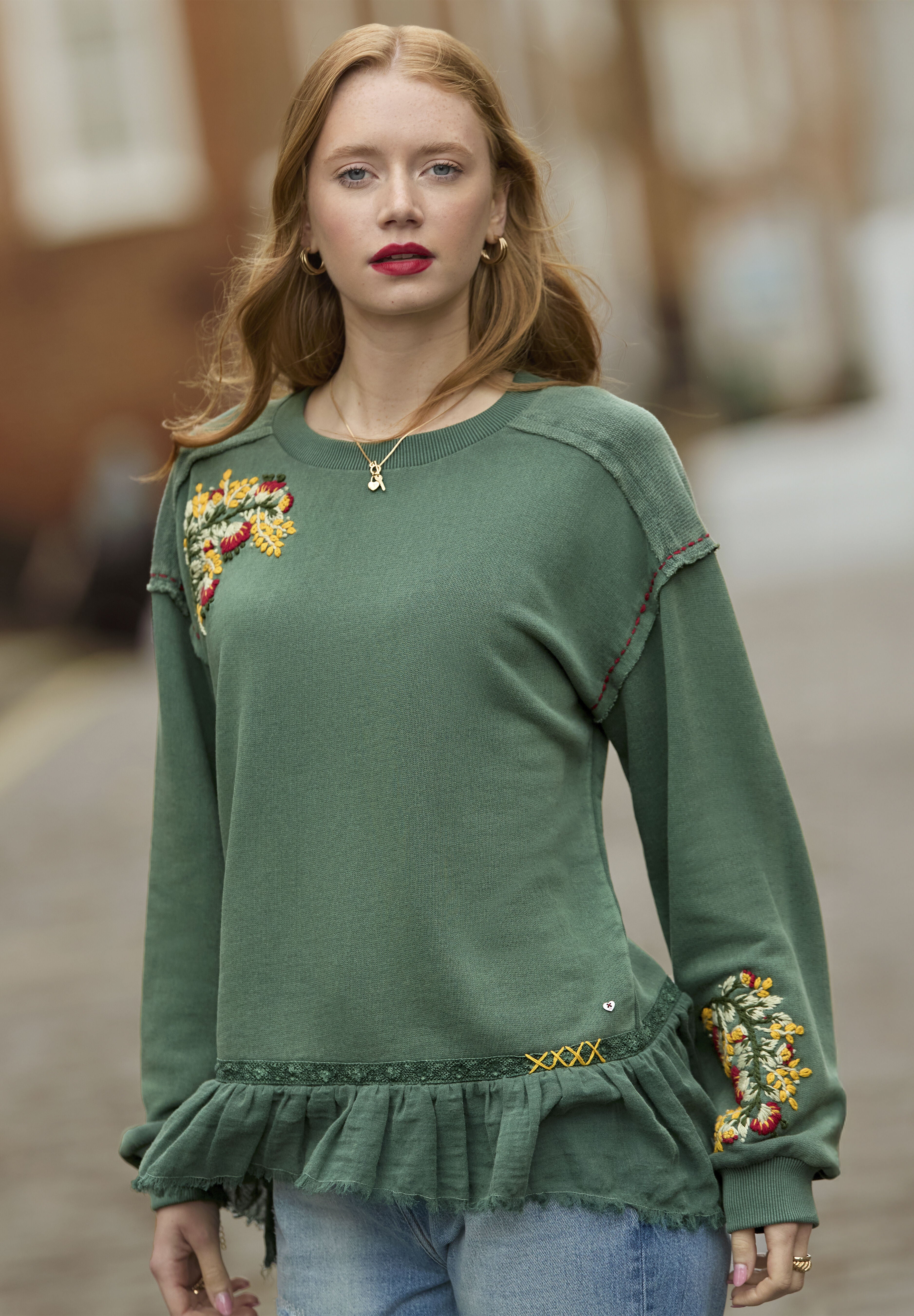Peplum Blouse, GREEN GARDEN EMBROIDERY, hi-res image number 0
