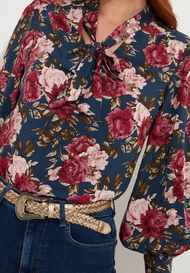 Tie Neck Blouse, CABBAGE FLORAL, on-hover image number null