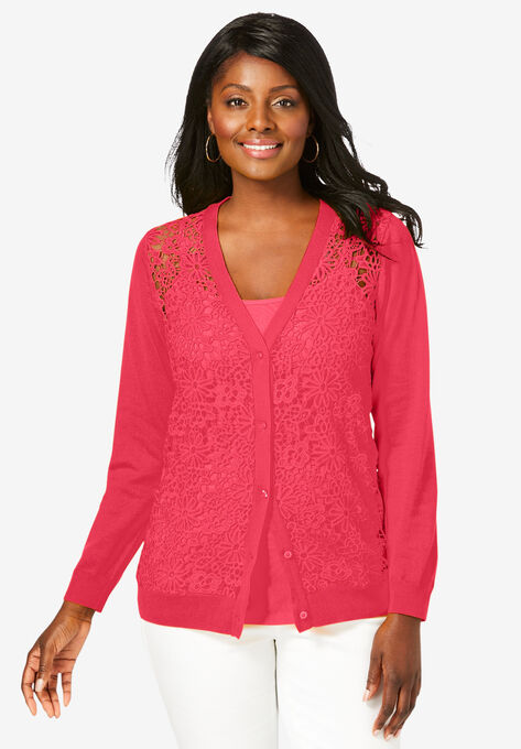 Crochet Open Front Cardigan, VIBRANT WATERMELON, hi-res image number null
