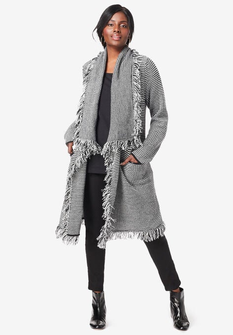 Shawl-Collar Fringe Jacket, BLACK IVORY, hi-res image number null