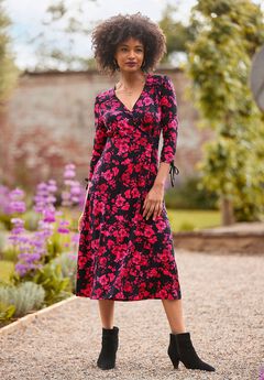 Stretch Knit Faux Wrap Midi Dress