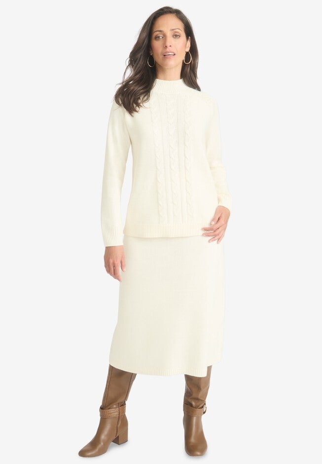 2PC MOCK NECK SWEATER SKIRT SET, IVORY, hi-res image number null