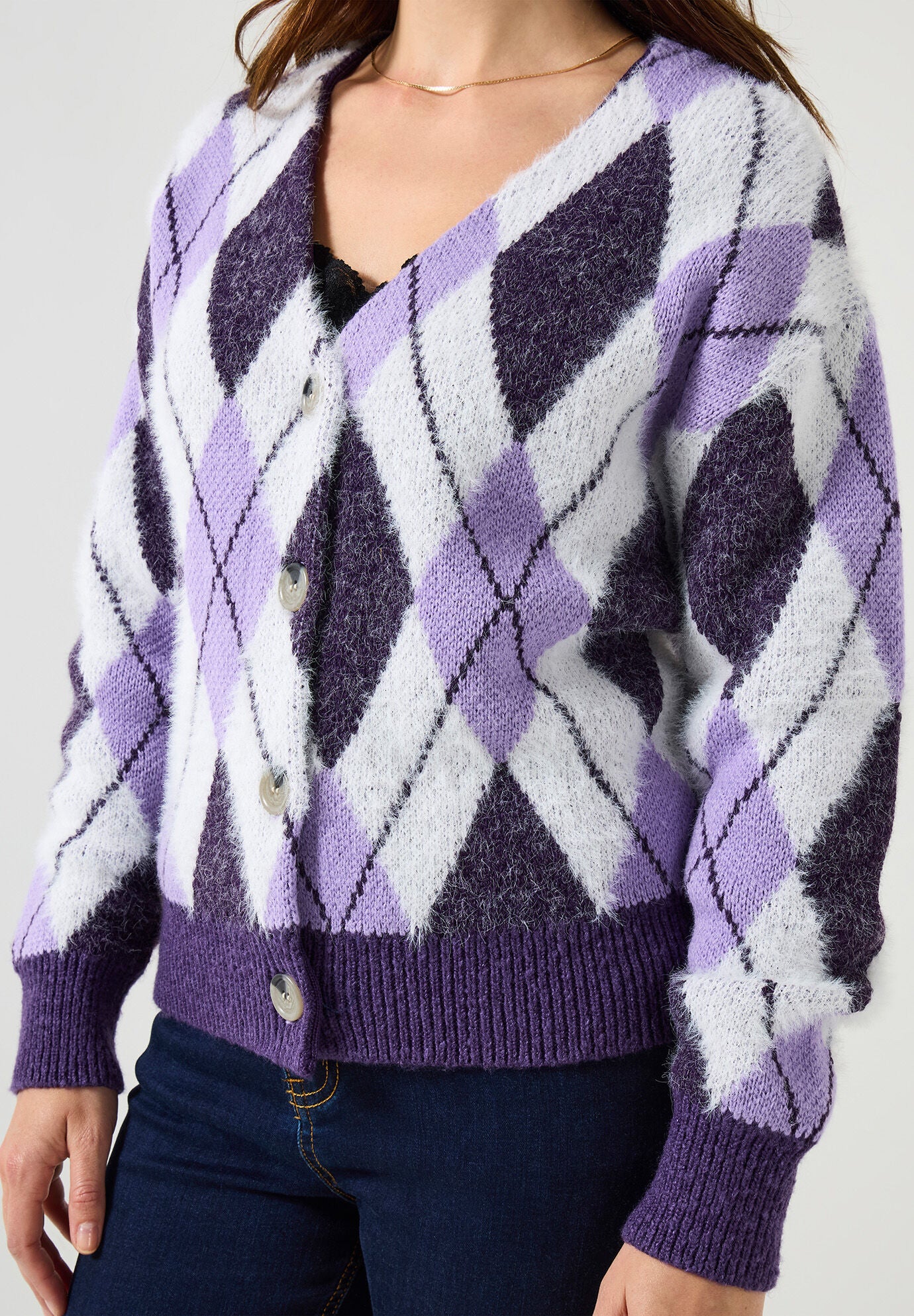 Fuzzy V-Neck Cardigan, VIOLET ARGYLE, alternate image number 2