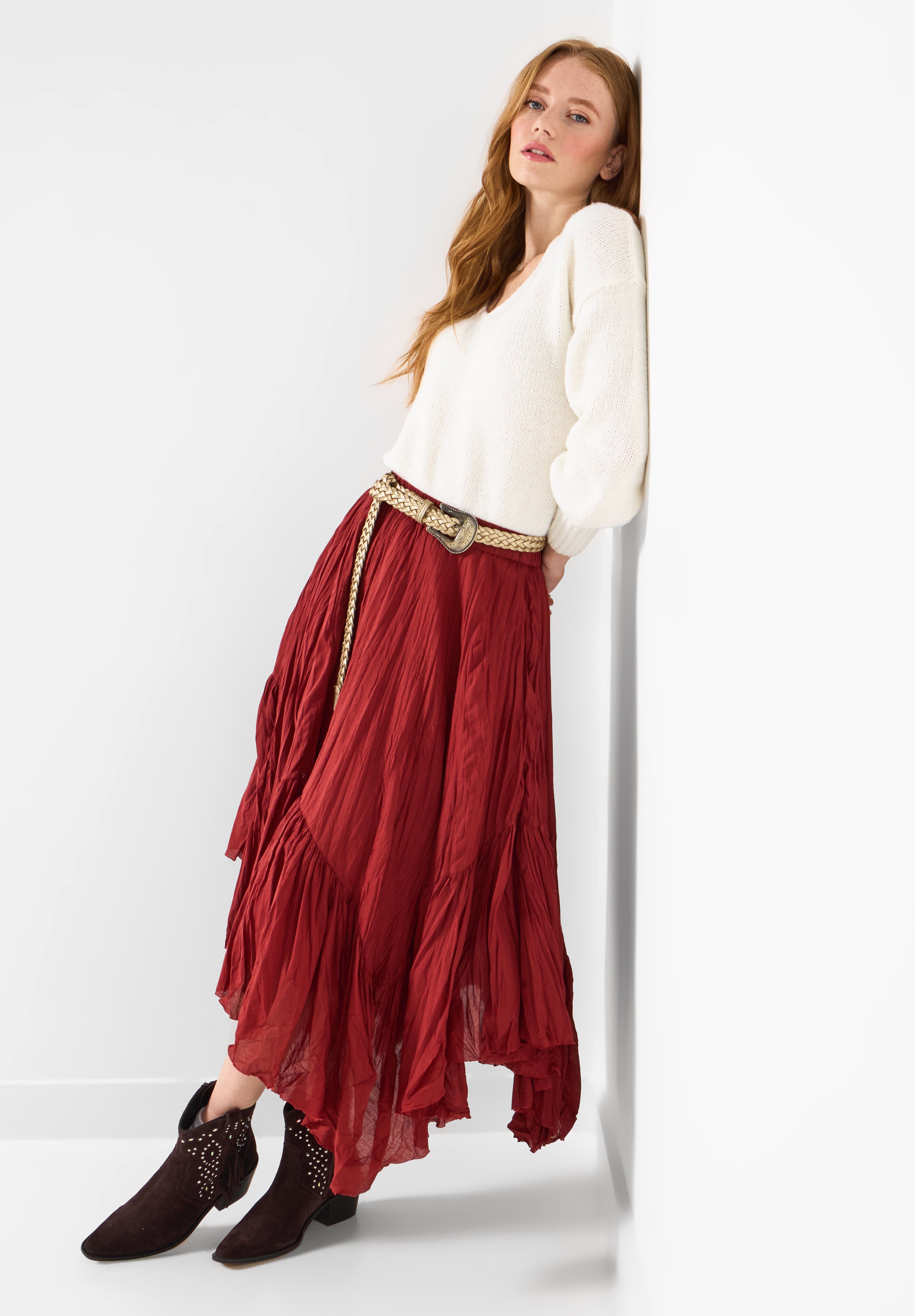 Handkerchief Hem Crinkle Midi Skirt, BRICK RED, alternate image number 5