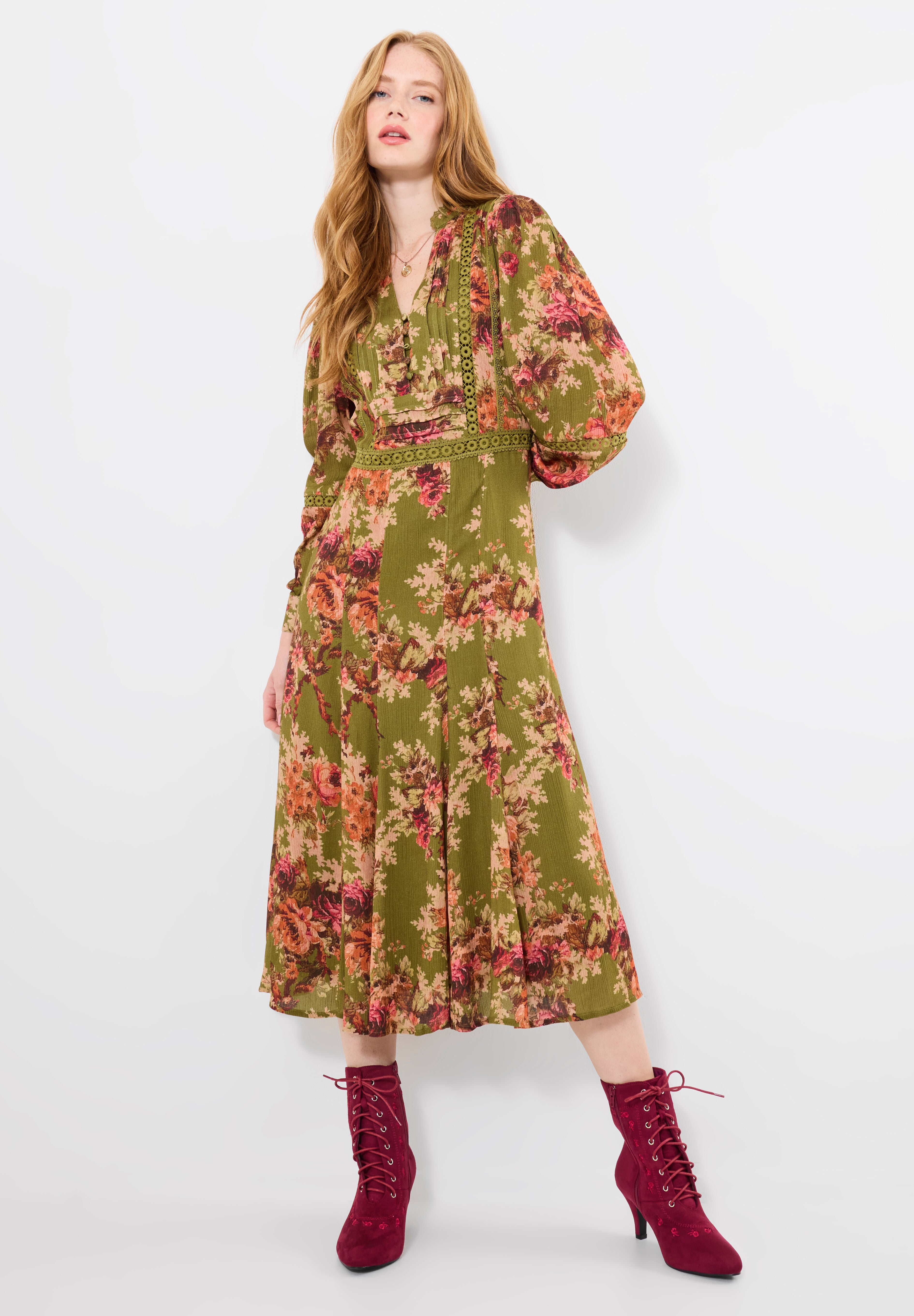 Autumn Peasant Maxi Dress, OLIVE BATIK BLOOM, hi-res image number 0