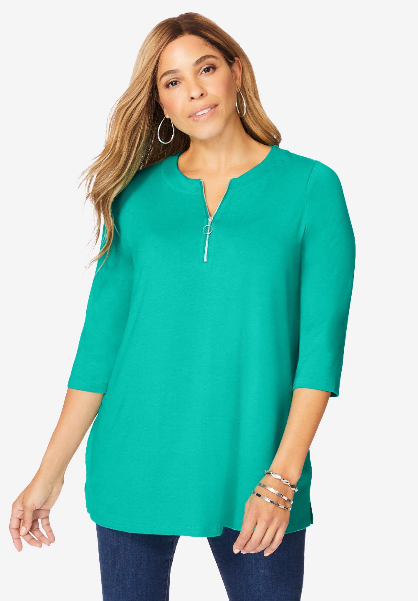 Stretch Knit Zip Tunic, AQUA SEA, hi-res image number 0