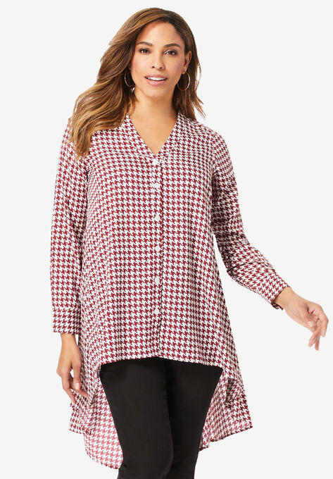 Hi-Low Crepe Tunic, RICH BURGUNDY HOUNDSTOOTH, hi-res image number null