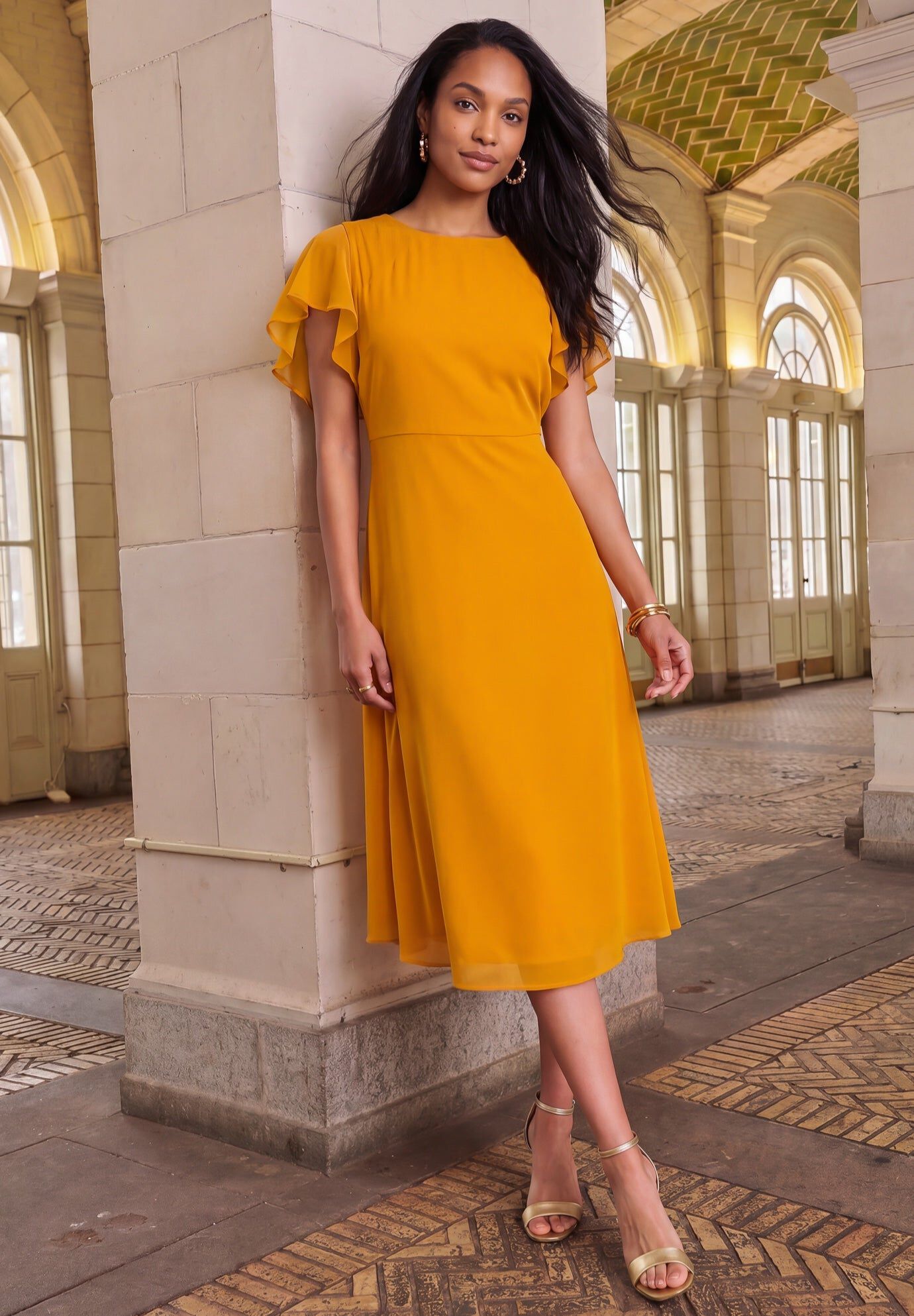 Georgette Fit-and-Flare Caplet Dress, RICH GOLD, hi-res image number 0