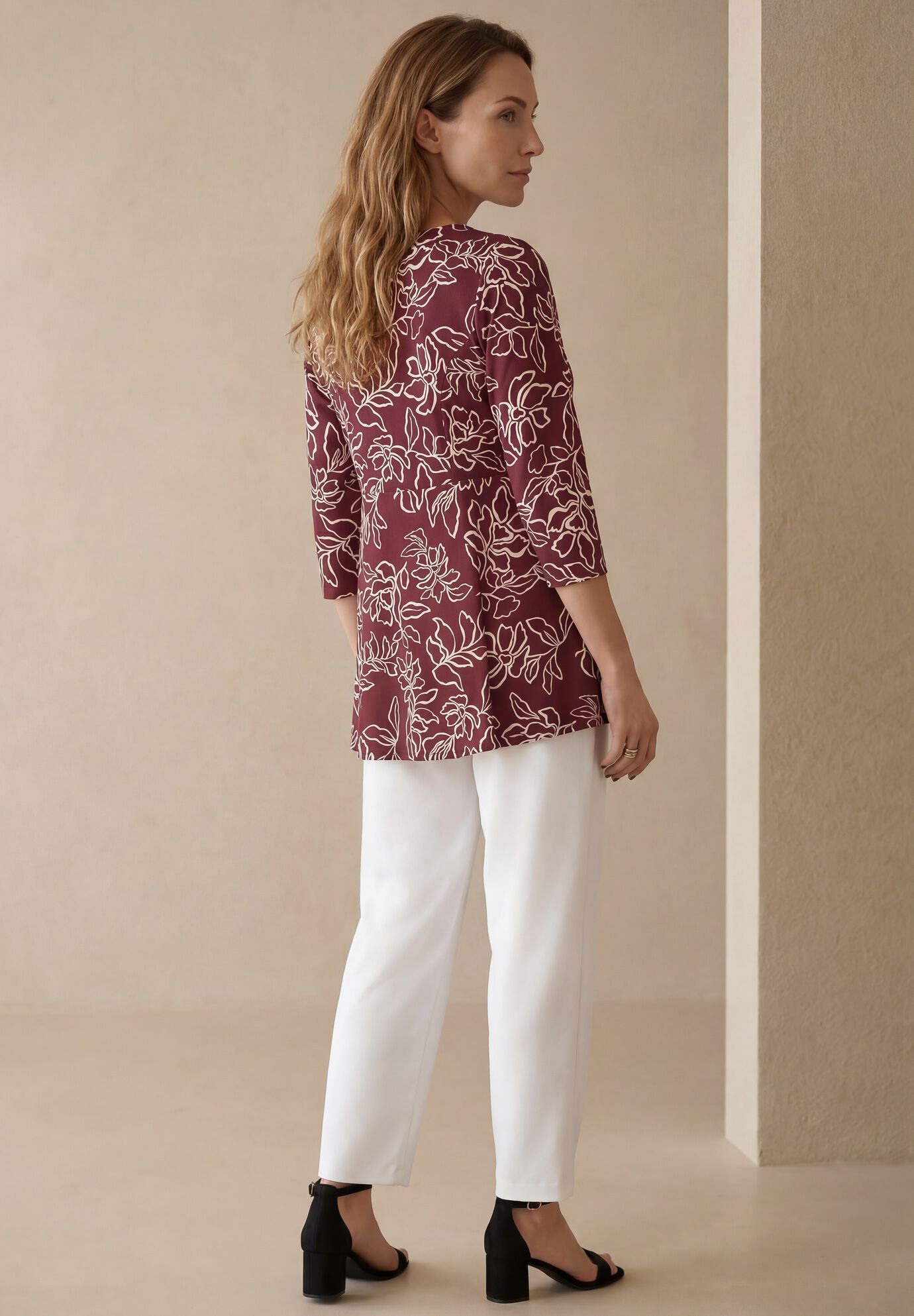 Knit Crepe Sweetheart Neckline Peplum Top, BURGUNDY FLORAL, on-hover image number 1