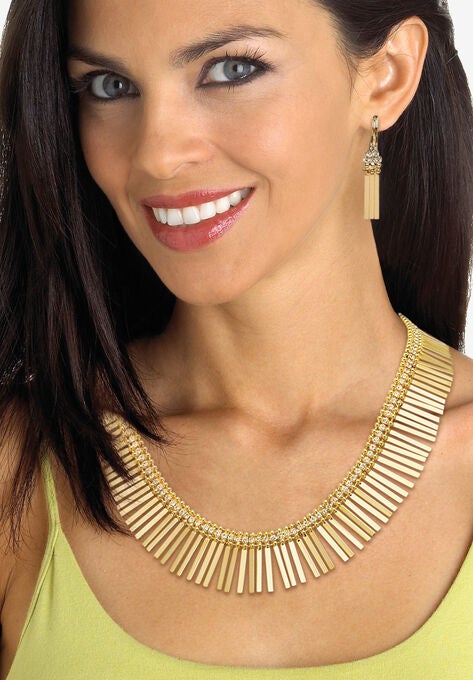 Gold Tone Fringe Necklace, Bracelet and Earring Set, Crystal, 17", , alternate image number null